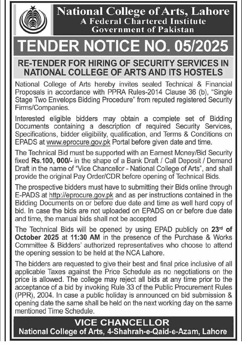 National College of Arts Lahore Tender Notice